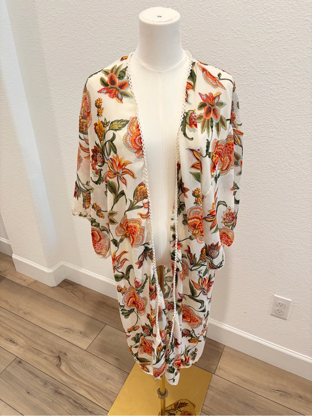 Floral Cream Kimono Cover-Up with Orange & Green Print